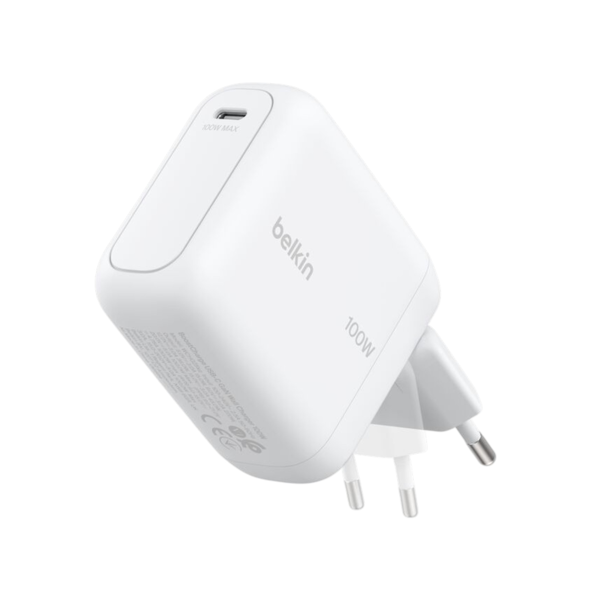 White Belkin BoostCharge 100 W charger with USB-C port and foldable European plug