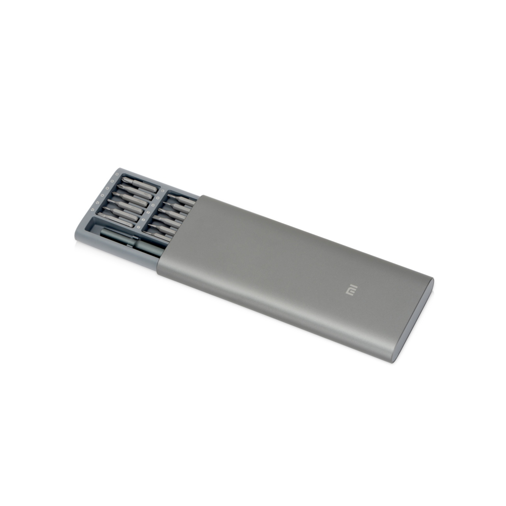Carcasa din aluminiu a trusei Xiaomi Mi Precision, cu tava de biți parțial deschisă